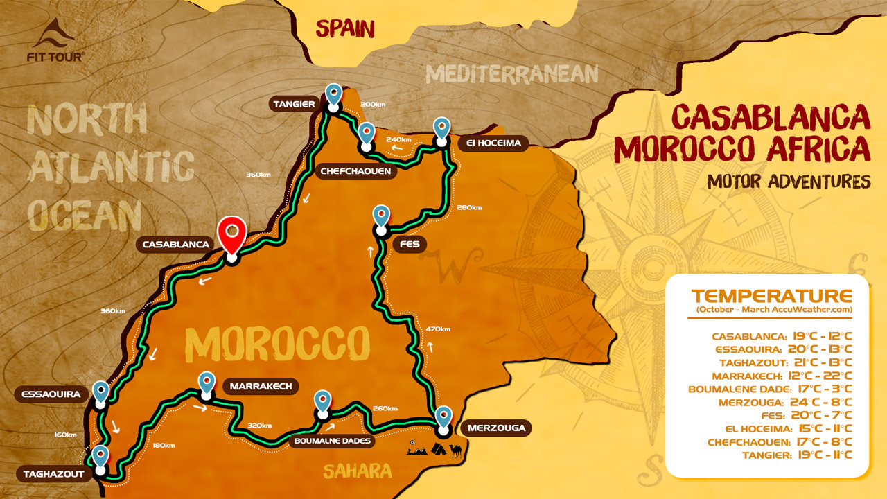 Bản đồ hành trình tour xe máy Maroc