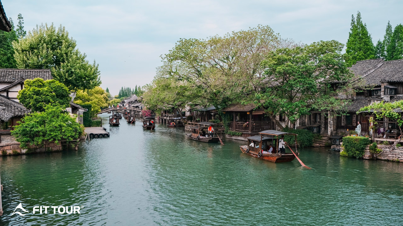 Cảnh quan thị trấn Ô Trấn với thuyền nước, cây cối và những ngôi nhà cổ kính tuyệt đẹp như trong phim cổ trang