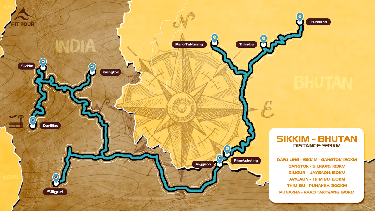 Route Map Motor Adventures Bhutan - Ấn Độ Tour