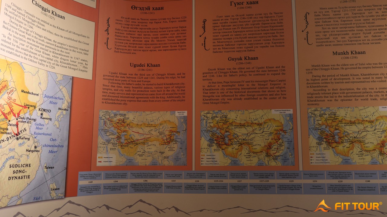 Thông tin về các Đại Hãn như Chinggis Khaan, Ogedei, Guyuk và Munkh cùng bản đồ mở rộng Đế chế Mông Cổ – trưng bày tại Bảo tàng Karakorum