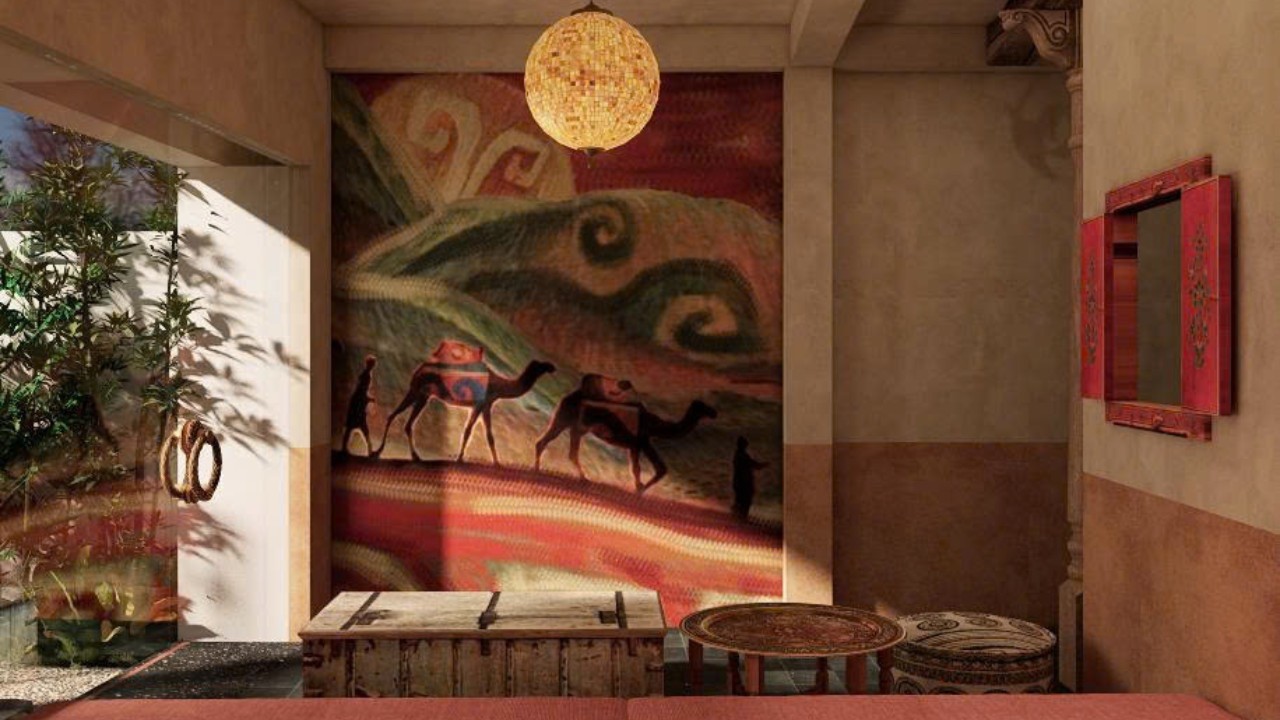 Design of FIT TOUR’s lounge – camel mural and warm-toned interiors