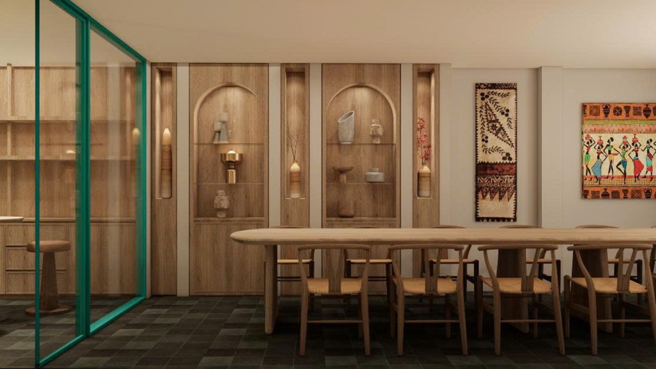 Design of FIT TOUR’s combined gallery & meeting room – wooden cabinets with artistic décor
