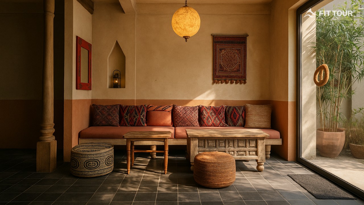 Reception area at FIT TOUR’s new office, inspired by a caravanserai – a warm, inviting space designed to spark the spirit of travel