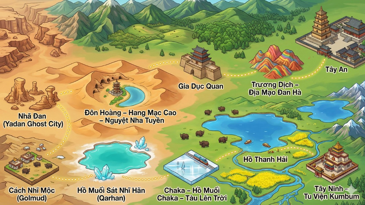 Bản đồ hành trình Trung Quốc 9N8Đ Thiểm Tây, Cam Túc, Thanh Hải