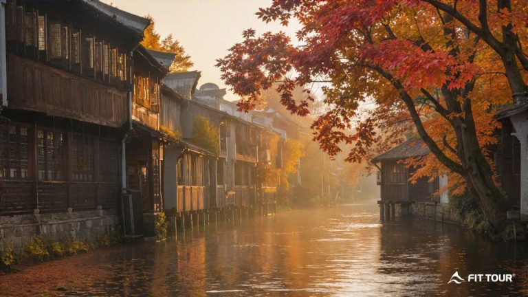 Dãy nhà gỗ cổ kính ven kênh đào ẩn hiện trong làn sương sớm và sắc lá đỏ mùa thu lãng mạn.