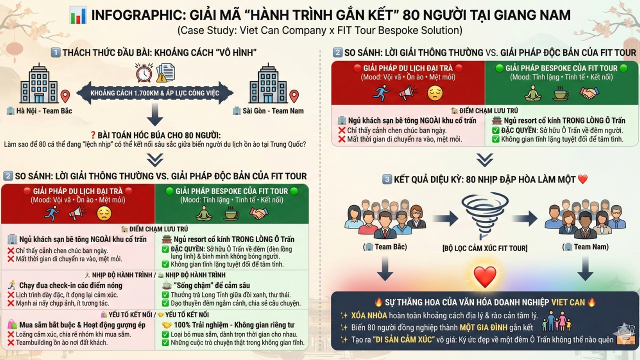 Infographic phương án tổ chức chuyến du lịch quy mô lớn cho hơn 80 nhân viên Việt Can