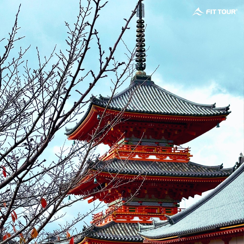 Kiến trúc mái chùa cổ kính với lớp vỏ cây đặc trưng nổi bật giữa rừng lá phong đỏ rực.