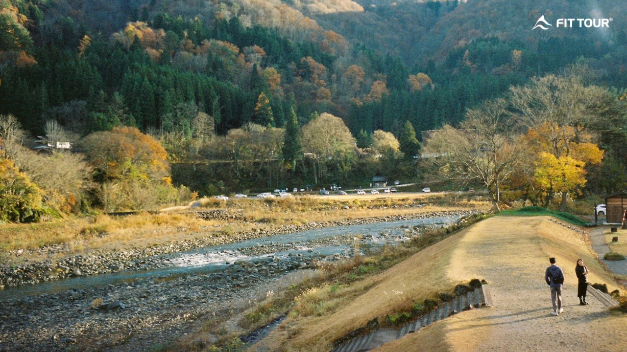 Dòng suối trong vắt chảy qua ngôi làng Nhật Bản vào mùa thu lá vàng.