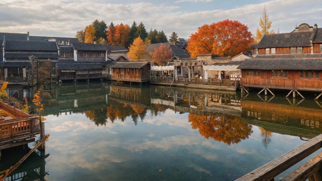 Toàn cảnh quần thể kiến trúc nhà sàn gỗ trên mặt nước tại Ô Trấn đẹp như tranh vẽ vào mùa thu.