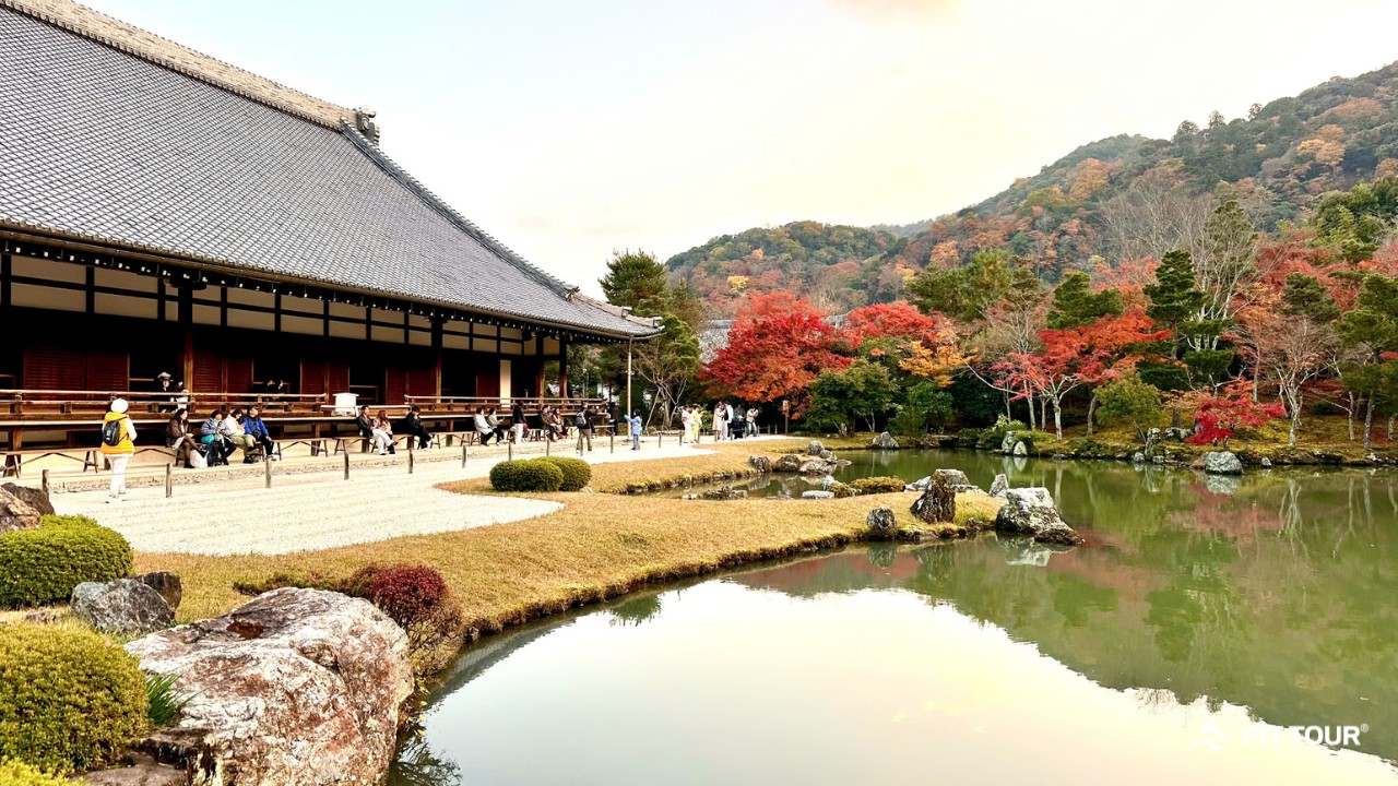 Khung cảnh thanh bình của ngôi chùa gỗ với hành lang dài nhìn ra hồ nước và vườn thiền đậm chất Nhật Bản.