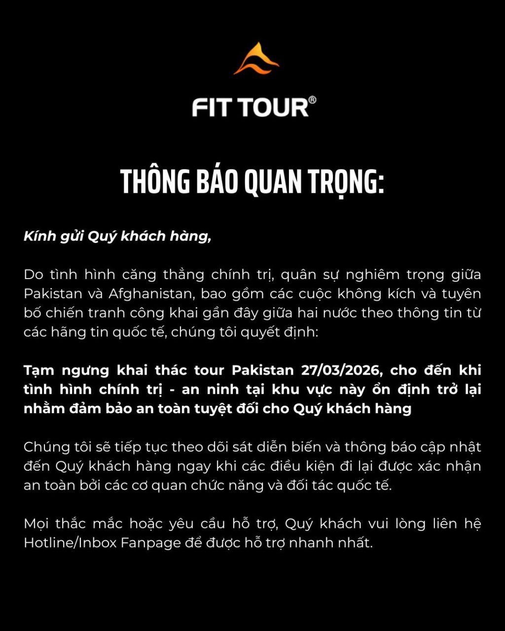 Thông báo tạm ngưng tour Pakistan tháng 3 năm 2026 từ FIT Tour